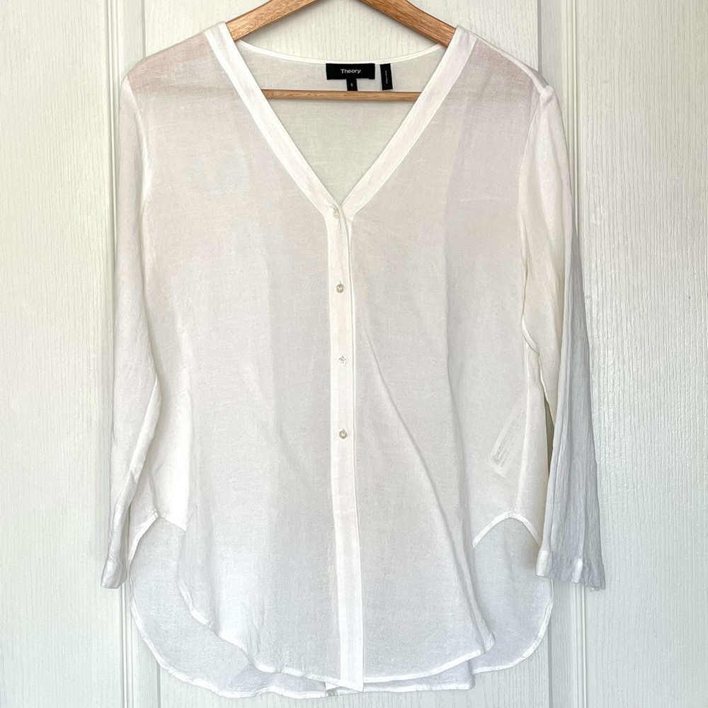 Theory White V-Neck Linen Blend Hekanina Blouse Size S Quiet Luxury Relaxed Fit
